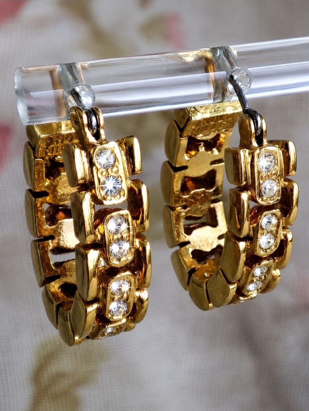 Nolan Miller Vintage Signed Gold Tone Rhinestone Hoop Pierced Earrings Horseshoe